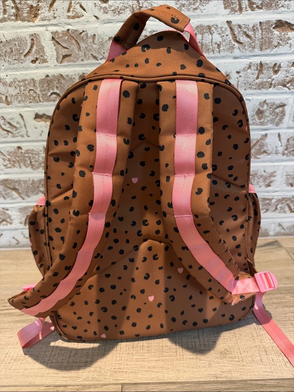 Crate&Barrel Brown Leopard Print Kids Backpack with Pink Accents